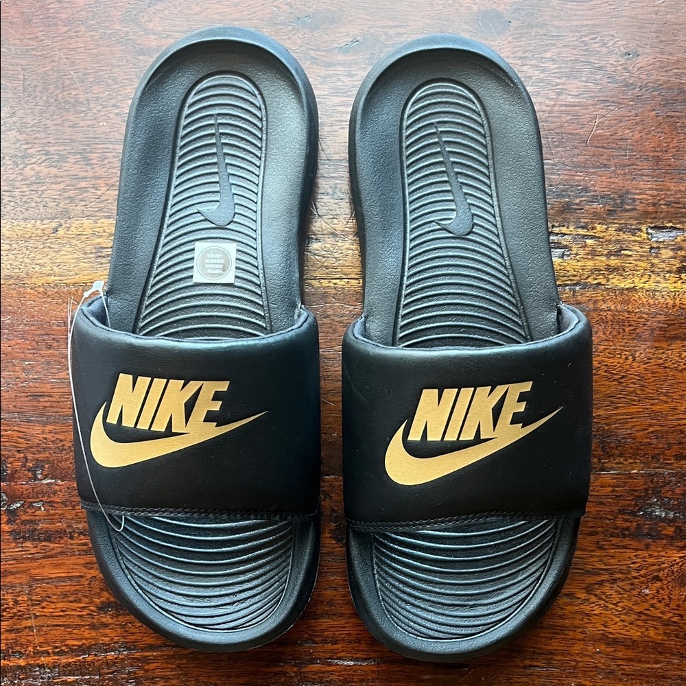New! Nike Black Slides with Gold Logo